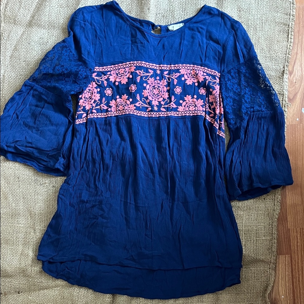 Boho oversized Blue Embroidered Women’s Peasant Blouse with flutter bell sleeve